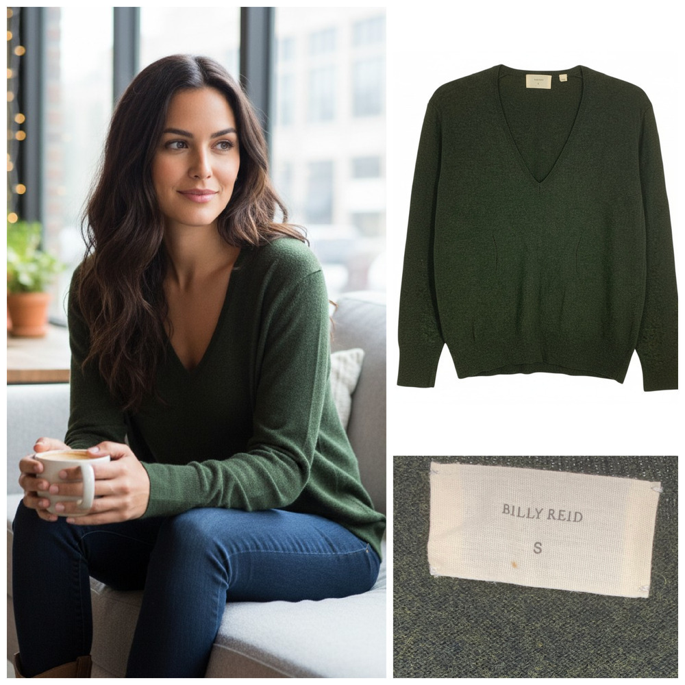 Billy Reid Olive Green V Neck Pullover Sweater Cashmere Blend Quiet Luxury Sz S